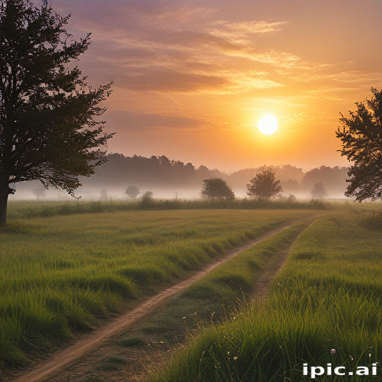 Tranquil Sunrise Over Misty Meadow with Winding Path and Trees