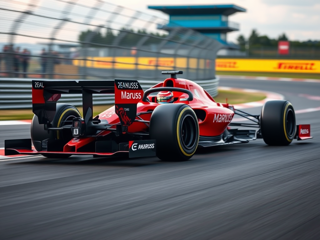 Create an image of a Marussia Formula 1 car in a dynamic racing environment, using a Canon EOS R5 with a 24-70mm f/2.8 lens, set at ISO 100, aperture f/4, shutter speed 1/500s, at a 45-degree angle view to emphasize aerodynamics, with vibrant colors and sharp focus.