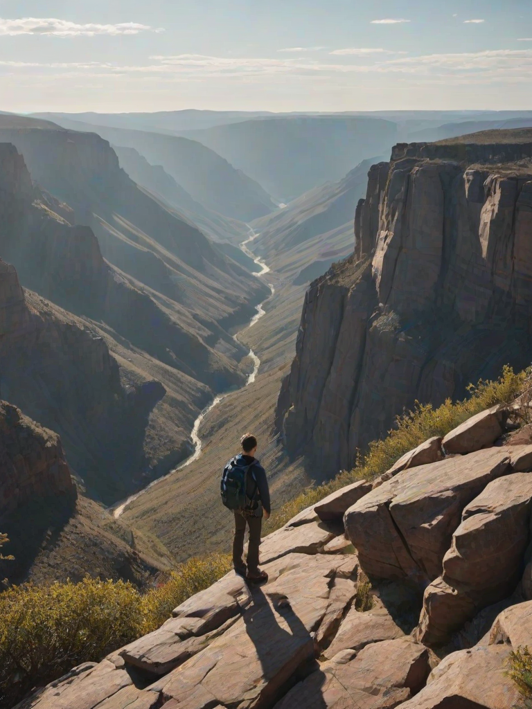 Sharp, high-resolution photo of a hiker standing on a rocky cliff, gazing out at a vast canyon below, sunlight casting long shadows, soft breeze rustling the leaves of nearby shrubs, distant mountains barely visible through the haze.
