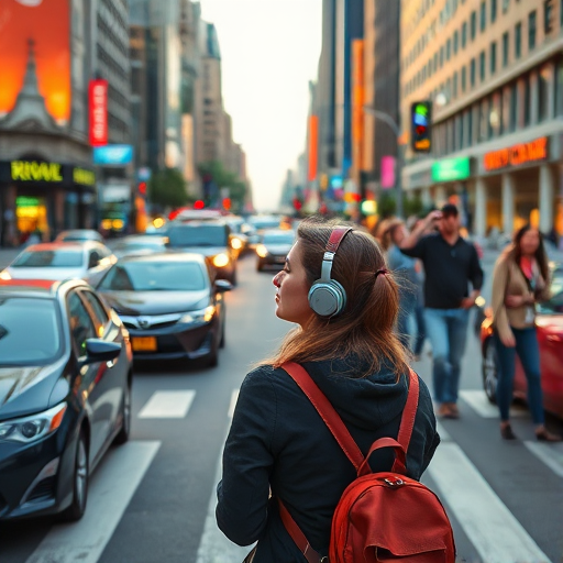 Busy city street at rush hour, cars honking and people hurrying by, a woman stands at a crosswalk, headphones in, lost in her own world amidst the chaos.