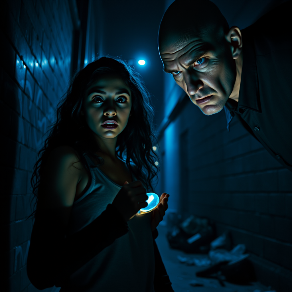 A young woman with deep brown skin and long, curly black hair stands in a dimly lit alley, her eyes wide with fear. She clutches a small, glowing amulet in her hand. A tall, pale man with sharp features and piercing blue eyes looms over her, his expression cold and calculating. The scene is bathed in a cold blue light from a nearby streetlamp, casting long, ominous shadows. The background is gritty and urban, with graffiti-covered walls and discarded trash. The style is reminiscent of Christopher Nolan's dark, moody cinematography, with high contrast and a blue tint. Film grain adds to the gritty, realistic texture.