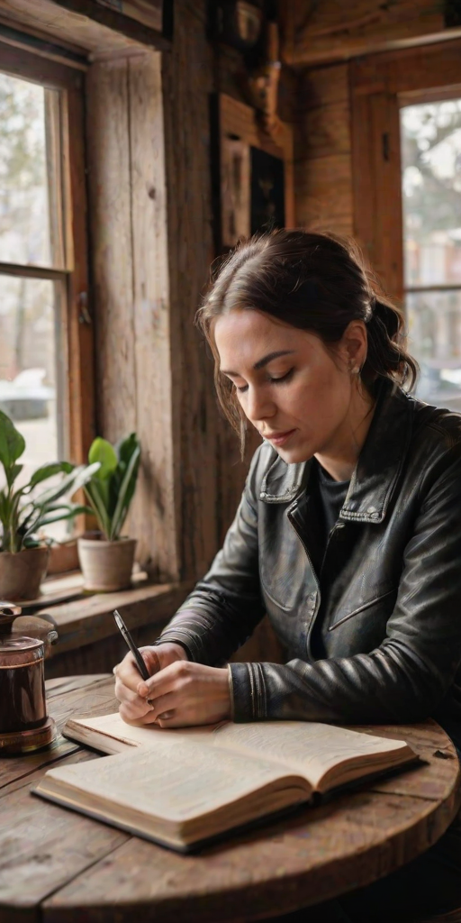 Cozy corner of a rustic coffee shop, the smell of freshly ground beans in the air, a woman sits at a wooden table, lost in her thoughts as she writes in a leather-bound journal.