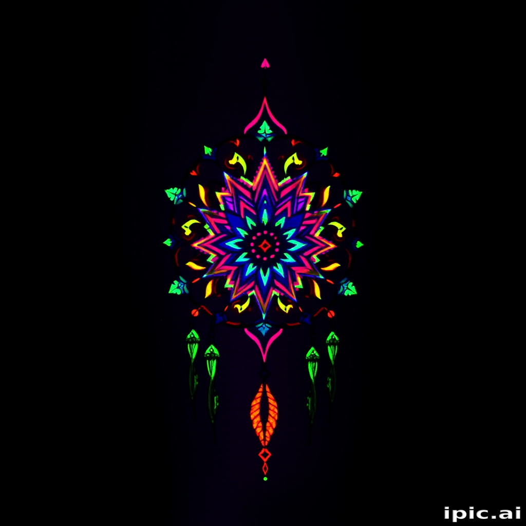 Psychedelic blacklight tattoo showcasing a kaleidoscopic dreamcatcher with fluorescent ink accents, visible only under UV light for a mind-bending secret design