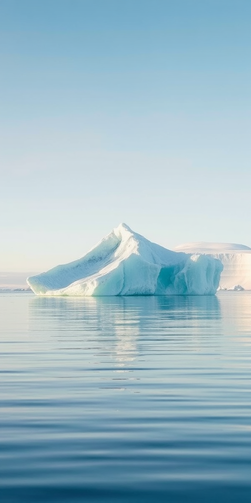Capture a high-resolution image of a solitary iceberg floating in calm waters, with a clear sky reflecting soft light, using a DSLR camera at f/8 aperture, ISO 100, and a 50mm lens, taken from a 45-degree angle to enhance depth and detail.