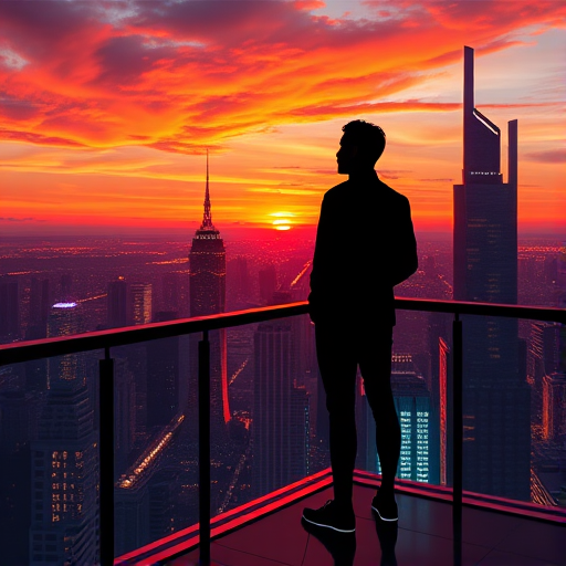 Create a vibrant digital artwork of a silhouette standing on a balcony overlooking a futuristic city at sunset with glowing skyscrapers, use a Canon EOS R5 with a 24mm f/1.4 lens, aperture set to f/2.8, ISO 100, shot from a low angle to emphasize the skyline, vibrant colors and enhanced contrast for a dramatic effect.