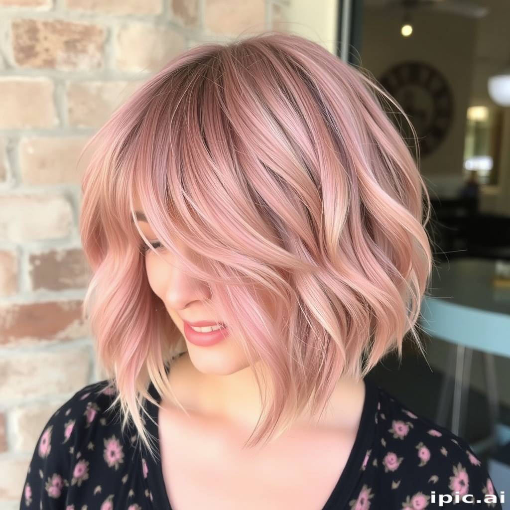 Dusty rose shag cut called "Vintage Bloom" featuring choppy layers, curtain bangs, and a lived-in texture for a retro-inspired look
