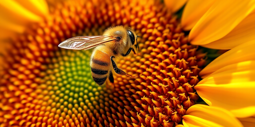 Sharp, detailed close-up of a bee pollinating a vibrant sunflower, soft sunlight reflecting off its wings, tiny details of pollen visible on its legs, and the feeling of natural harmony.