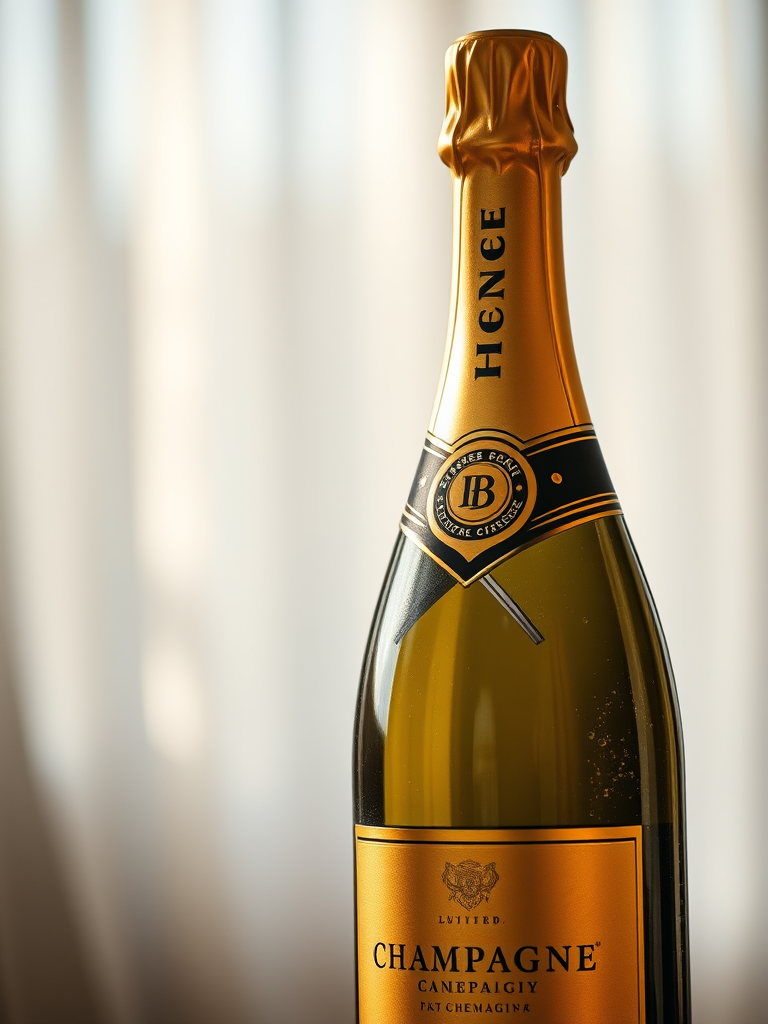 Generate a high-resolution image of a champagne bottle prominently displayed against a blurred, elegant background, using a 50mm lens, f/1.8 aperture for shallow depth of field, ISO 100, and soft natural lighting to enhance the bottle's golden label and bubbles.