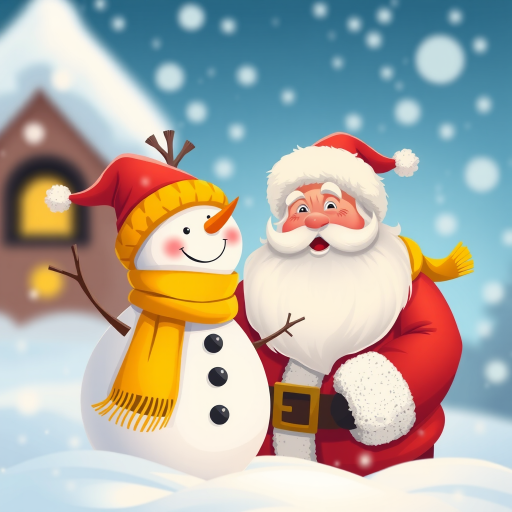 Create a vibrant illustration of a snowman in a yellow scarf and Santa Claus with a joyful expression, set against a snowy background, using a DSLR camera with a 50mm lens, aperture f/2.8, ISO 100, high resolution, soft focus effect.