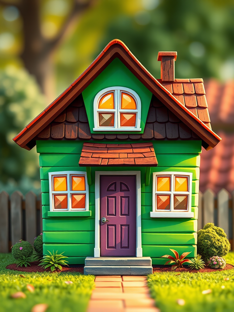 Create a vibrant illustration of a cartoon-style green house with a brown roof, front door, and several windows, using a DSLR camera with a wide-angle lens set to f/8, ISO 200, and a soft focus background for artistic effect.