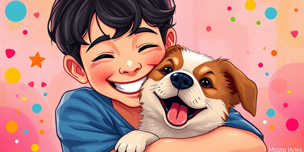 Generate a vibrant digital illustration of a young person with dark hair, joyfully embracing a playful dog, with a colorful and whimsical background, use a Canon EOS R5 camera with a 50mm f/1.2 lens, set ISO 100, aperture f/1.8, and shutter speed 1/250s for high clarity and detail.