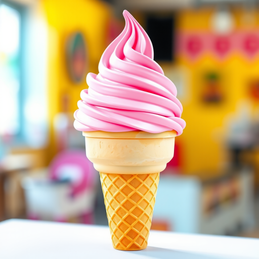 Create a vibrant and detailed illustration of a soft-serve ice cream cone with a pink swirl on top, using a high-resolution 50mm lens, aperture set to f/2.8 for depth of field, with a soft-focus background and bright, cheerful colors in a studio lighting setup.
