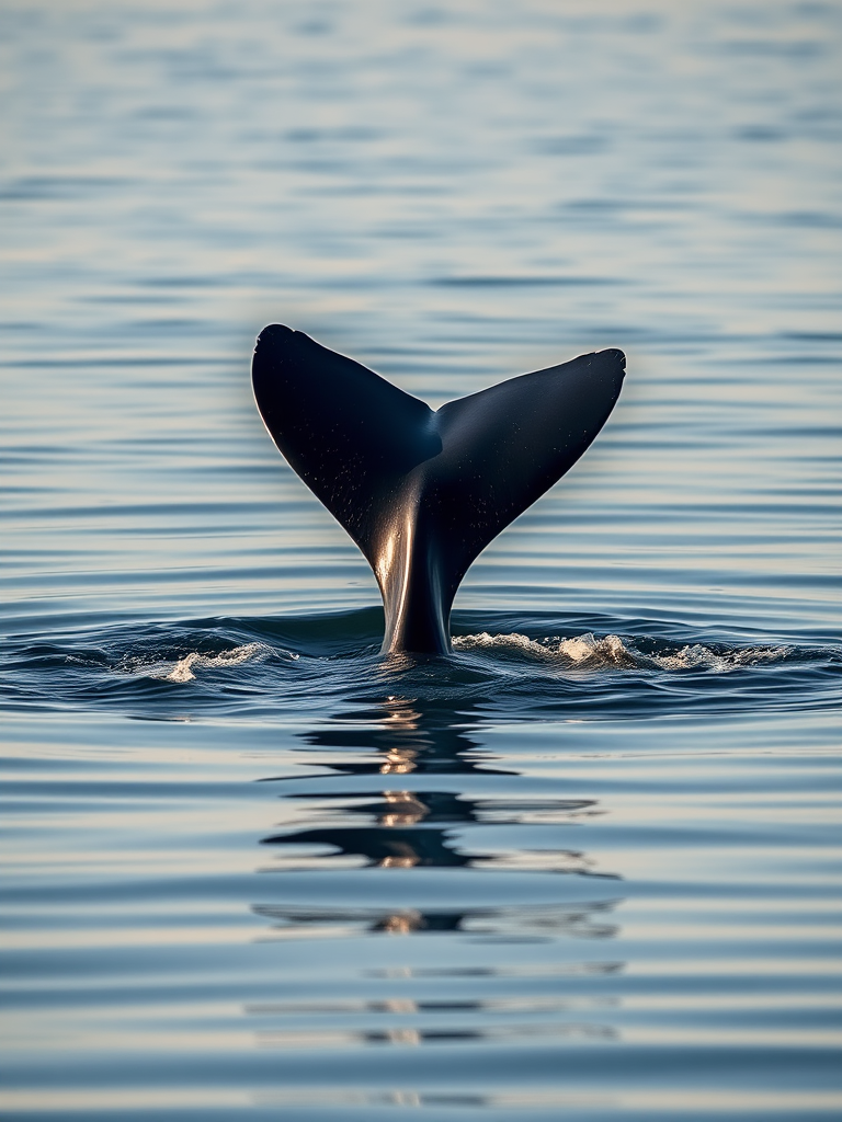 a humpback whale tail fin emerging from the water in calm, reflective ocean conditions, captured with a Canon EOS R5, 200mm lens, f/5.6, ISO 200, shutter speed 1/800s, in natural light for high detail and clarity.