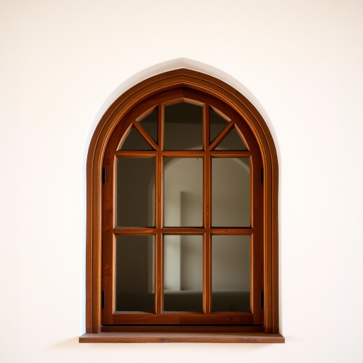 Generate a high-resolution image of an arched wooden window with sixpanes and a decorative grid, soft lighting, 50mm lens, f/4 aperture, ISO 100, with a slight vignette effect for depth.