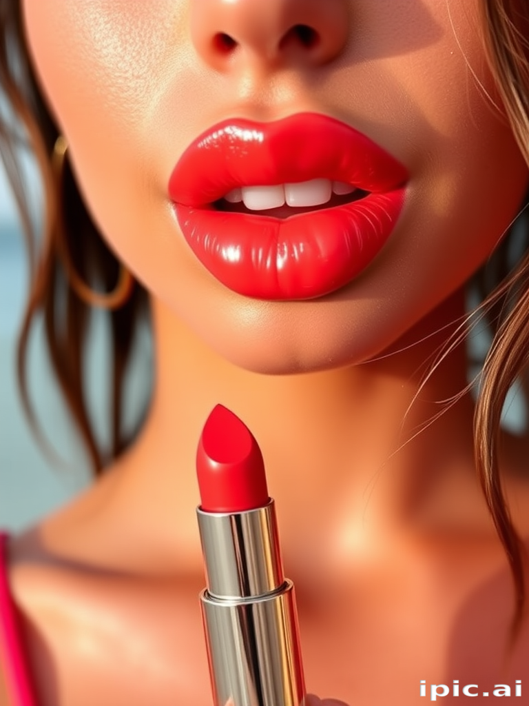Vibrant "Coral Sunset" lip color adorns full, pouty lips with a glossy finish, reflecting warm hues of orange and pink, perfect for summer evenings and beachside cocktails