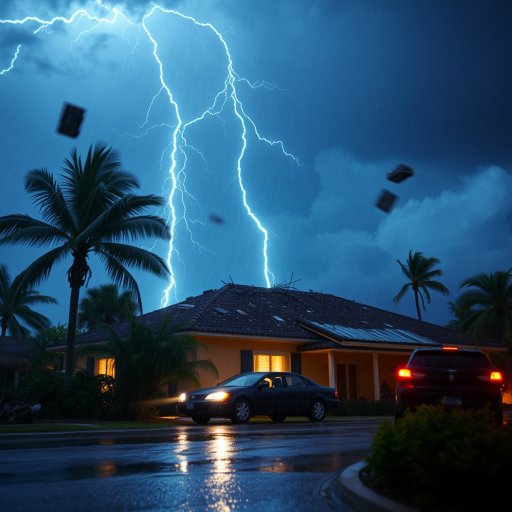 Hurricane Milton blows a roof off a home. Strong winds and rain blows sideways. Palm trees uprooted and bent over. Cars flying through the sky with debris. Sky is dark with thunder storms. Lightning strikes are fluorescent blue. Add text Hurricane Milton 2024