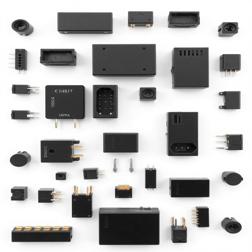 generate a high-resolution image of various black electronic connectors and terminals arranged aesthetically on a clean white background, camera settings: f/8 aperture, 1/125s shutter speed, ISO 200, camera view: top-down perspective, camera style: macro photography, camera type: DSLR