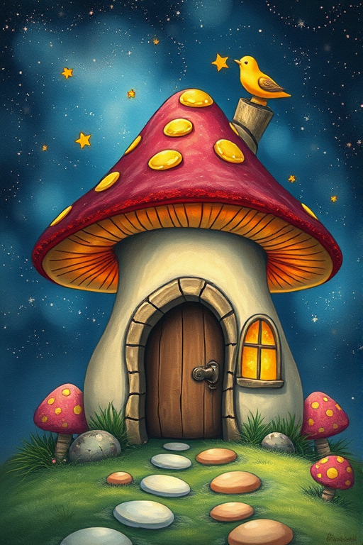 this picture is illustration of a mushroom house with a door and a window, a storybook , fantasy art, mushroom house, bg starry sky, sparkles