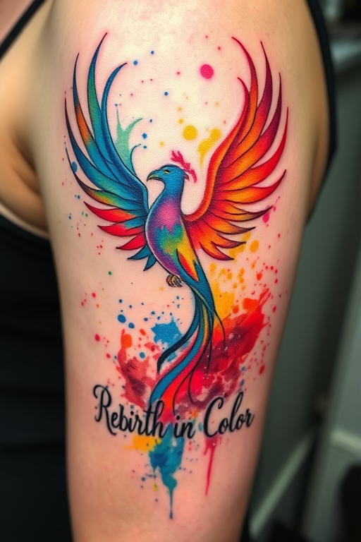 Abstract watercolor tattoo showcasing splashes of vibrant colors forming a phoenix rising from ashes, with loose, expressive brushstrokes, named "Rebirth in Color"