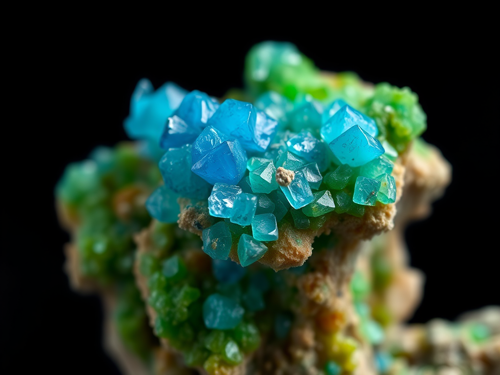 A high-resolution close-up photograph of a vibrant blue and green mineral specimen set against a dark background, captured with a Canon EOS R5, 50mm lens, f/8 aperture, ISO 100, 1/125s shutter speed, soft natural lighting to enhance texture and detail.
