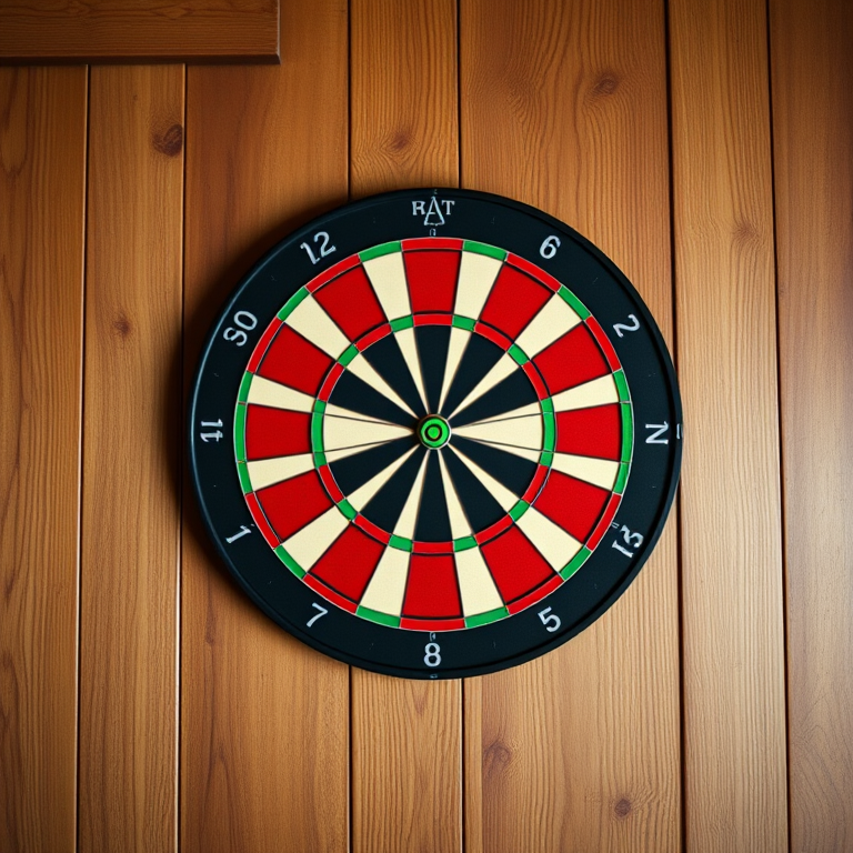 High-resolution top-down view of a classic dartboard mounted on a wooden wall, with a focus on vibrant colors and sharp contrast, captured with a DSLR camera at f/8, ISO 200, 1/125s, utilizing a 24mm lens for clarity and depth.