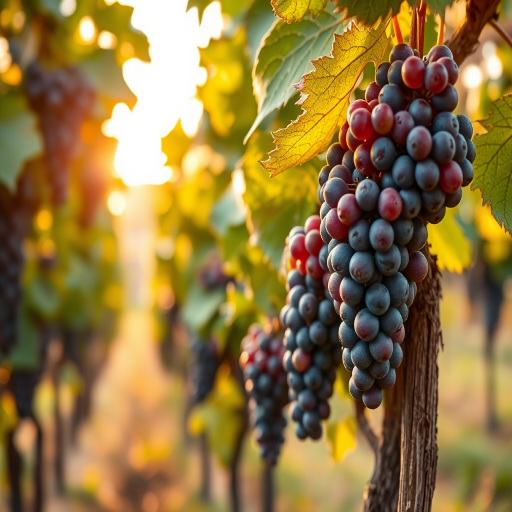 Capture a close-up shot of grapevines laden with ripe grapes, with a shallow depth of field to blur the background, using a Canon EOS 5D Mark IV with an 85mm f/1.8 lens, aperture set to f/2.8, ISO 100, and a natural light setting during golden hour for enhanced colors and textures.