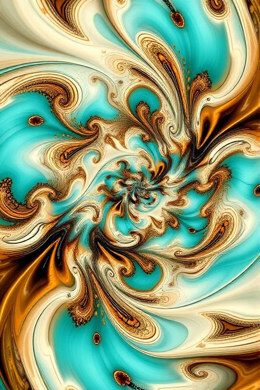 Generate a high-resolution fractal image featuring intricate swirling patterns in shades of turquoise, brown, and cream using a macro lens, ISO 100, aperture f/11, shutter speed 1/60 seconds, with a soft focus background to enhance depth.