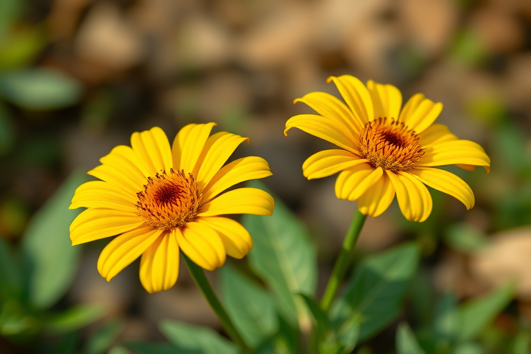Create a vibrant illustration of two yellow flowers with detailed petals and green leaves on a natural background, using a DSLR camera with a 50mm lens at f/2.8, ISO 100, and a shallow depth of field for a soft background effect, captured from a slightly elevated angle for a dynamic view.