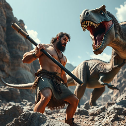 Create a high-resolution digital artwork of a muscular caveman holding a large club, facing a roaring dinosaur in a rocky landscape, using a DSLR camera set to ISO 100, aperture f/8, shutter speed 1/250s, shot from a low angle to emphasize scale, with natural lighting to enhance textures and details.