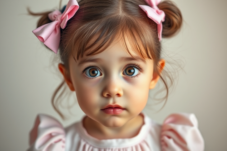Generate a highly detailed portrait of a young girl with large expressive eyes, wearing a pastel-colored dress with puffed sleeves, styled hair with two pink bows, soft lighting, studio background, using a DSLR camera at f/2.8 aperture, ISO 100, 85mm lens, and a 1/125s shutter speed for optimal clarity and depth of field.