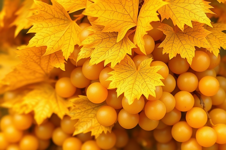 Create a highly detailed illustration of golden grape leaves and clusters, macro view with high depth of field, Studio lighting, DSLR camera settings with a focal length of 85mm, aperture f/2.8, and ISO 100 for optimal image quality.