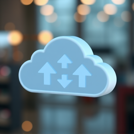 Generate a high-resolution 3D rendering of a stylized cloud graphic with upload and download arrows, using a Canon EOS R5 with a 50mm f/1.8 lens, set to aperture f/2.8, ISO 100, capturing from a slightly elevated angle with a soft focus background for artistic effect.