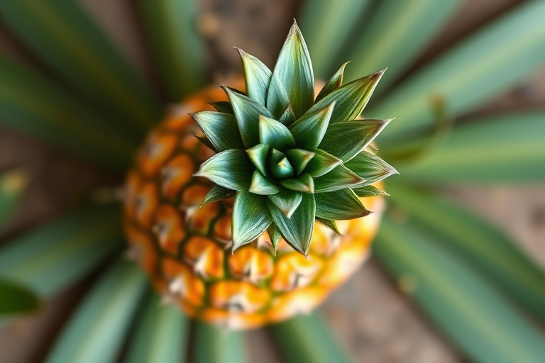 Create an illustration of a pineapple with vibrant colors, using a DSLR camera with a 50mm lens at f/2.8, 1/125s shutter speed, and ISO 100, in a top-down view with a soft focus background for enhanced image quality.