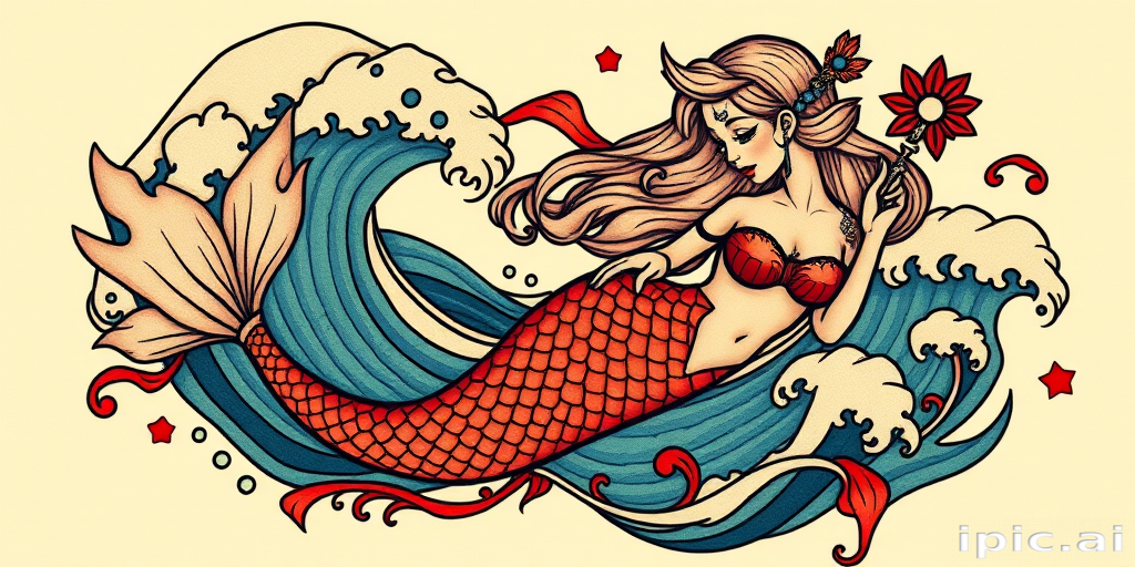Neotraditional mermaid tattoo featuring bold outlines, saturated colors, and stylized waves, incorporating elements of Art Nouveau with flowing lines and decorative flourishes for a captivating nautical design
