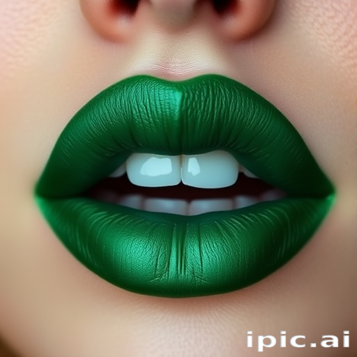 Enchanting emerald green lips captivate with their rich jewel tone, boasting a satiny finish that adds depth and intrigue to the unusual color