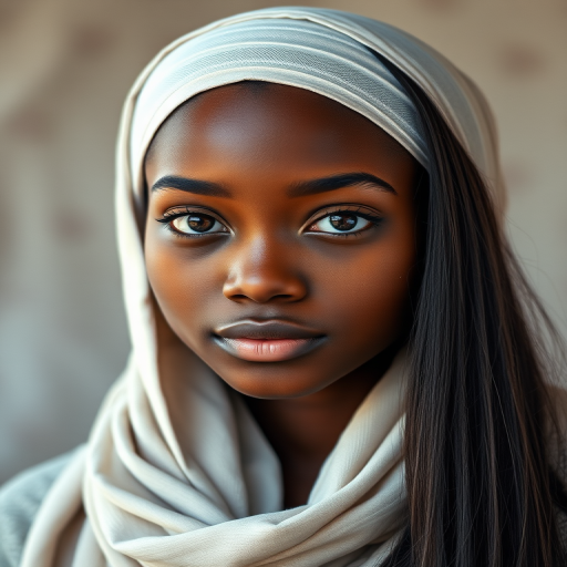 Create a portrait of a young African American female with long, dark hair and captivating hazel eyes. She is wearing a white headscarf and a matching scarf draped gracefully around her neck. The background is softly blurred, focusing attention on her serene and natural expression. The overall color palette is muted and warm, enhancing the intimate and authentic feel of the portrait.