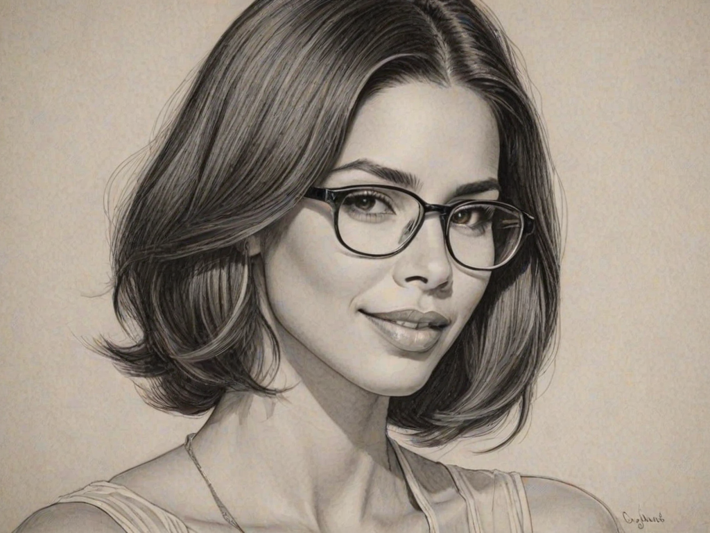 Comely Roselyn Sanchez, pencil sketch, portrait of Graceful woman 1929s in glasses, hair style beatnik, outline, clear lines, fine lines, 8k