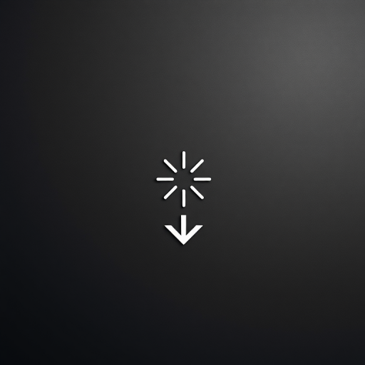 Create a minimalist graphic design featuring a downward arrow and a starburst symbol on a solid black background, shot with a DSLR camera at f/2.8, 50mm lens, ISO 100, using a top-down view and flat lay style for enhanced clarity and detail.