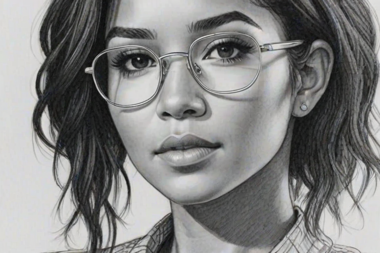 Enticing Jhene Aiko, pencil sketch, portrait of Dazzling woman 1923s in glasses, hair style beatnik, outline, clear lines, fine lines, 8k