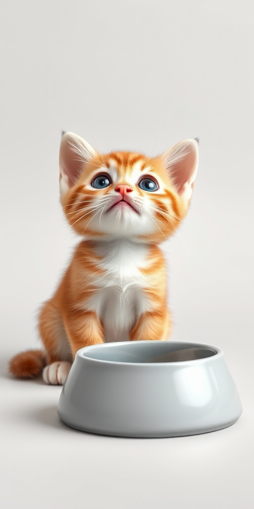 Create a cute cartoon-style image of a curious kitten looking up with a playful expression sitting next to an empty food bowl on a light gray background, using a DSLR camera with a 50mm lens, aperture set to f/2.8, ISO 100, and a soft natural light source for enhanced image quality.