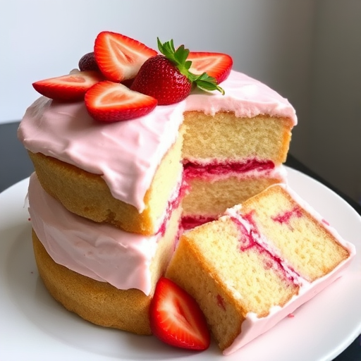 A delicious layered cake with strawberry filling and frosting topped with fresh strawberry slices on a white plate, showing a slice cut out revealing the soft, fluffy interior.