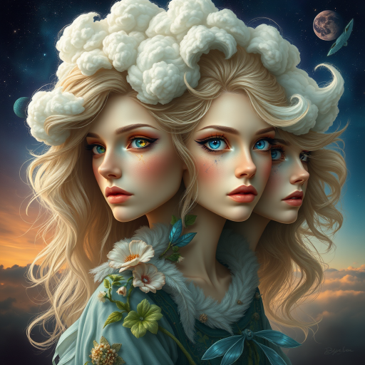 Create a series of imaginative portraits where each subject is infused with elements of fantasy and nature. The hair of the individuals should flow like clouds, varying from soft, fluffy cumulus to wispy cirrus strands, with hints of color reflecting a sunset or a clear blue sky. The eyes should be windows to entire galaxies, with stars, nebulae, and distant planets visible within them. Clothing should be adorned with nature motifs, such as floral patterns that bloom and change, vines that seem to grow and wrap around, or feathers that shimmer with iridescence. Each portrait should capture a unique personality, blending human features with the ethereal beauty of the natural and cosmic world. The backgrounds can vary, from starry night skies to enchanted forests, adding depth and context to the magical realism of the portraits