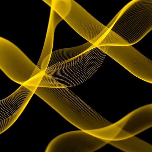 Generate a high-resolution abstract image of yellow wavy lines on a black background, using a DSLR camera with a 50mm lens, aperture set to f/2.8, ISO 100, capturing in a macro view for enhanced detail.