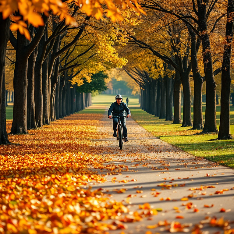 Capture a serene autumn scene of a person biking down a leaf-covered path in a park, with vibrant orange and yellow leaves, using a Canon EOS R with a 50mm lens at f/2.8, ISO 200, 1/500s, warm sunlight filtering through the trees, focusing on depth of field to highlight the cyclist and a soft background.