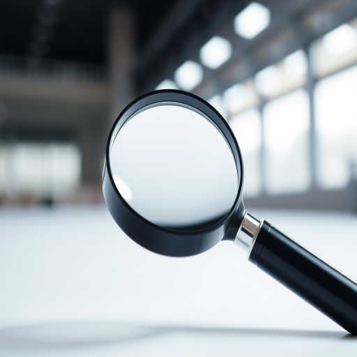 create a high-resolution image of a magnifying glass with a sleek black handle and a glossy glass lens, captured in a well-lit studio environment using a DSLR camera at f/2.8 aperture, ISO 100, 50mm lens, front view, with soft focus background for depth.