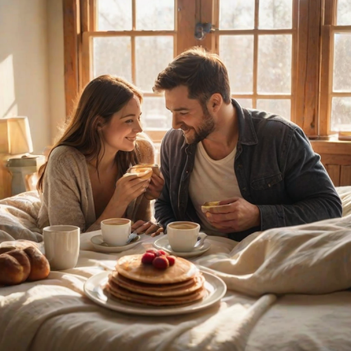 Warmly lit image of a couple sharing a cozy breakfast in bed, soft sunlight streaming through a nearby window, with the smell of freshly brewed coffee and pancakes in the air.