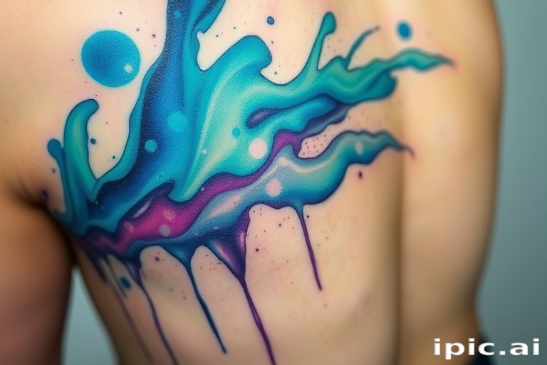 Watercolor splash tattoo called "Aurora Dreams" depicting the vibrant colors of the Northern Lights swirling across the skin in a mesmerizing display of blues, greens, and purples, with delicate splatters and drips creating a dreamy, ethereal effect