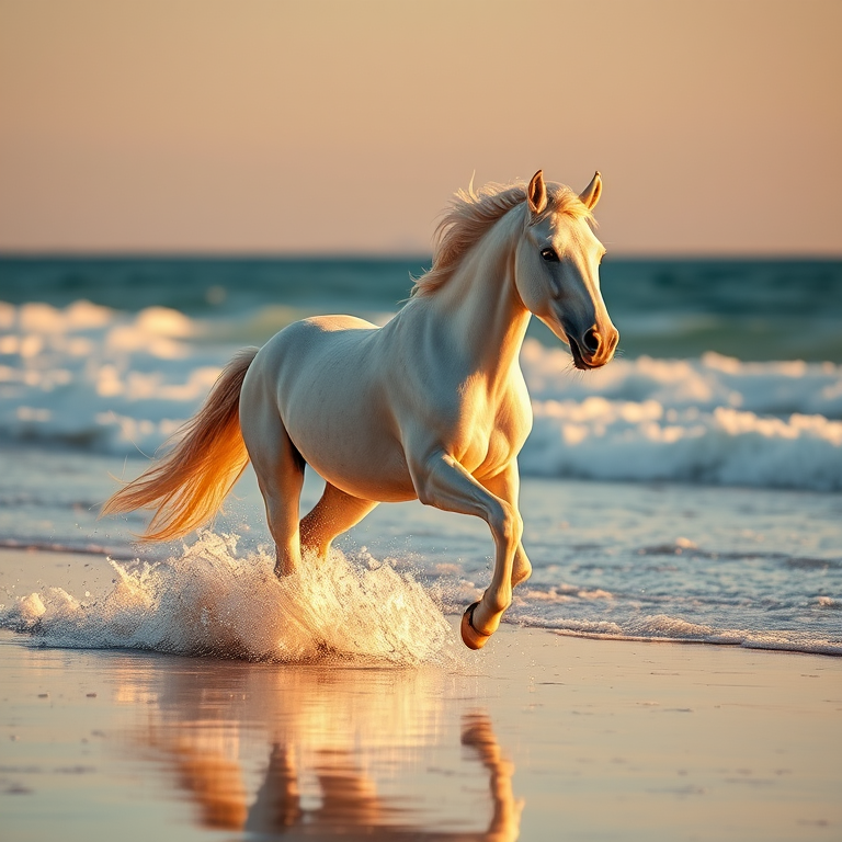 a majestic white horse galloping along a sunlit beach with waves splashing around its hooves at sunset, captured with a Canon EOS R5, 50mm lens, f/1.8 aperture, ISO 200, 1/2000s shutter speed, in a natural light setting for vibrant colors and sharp details.