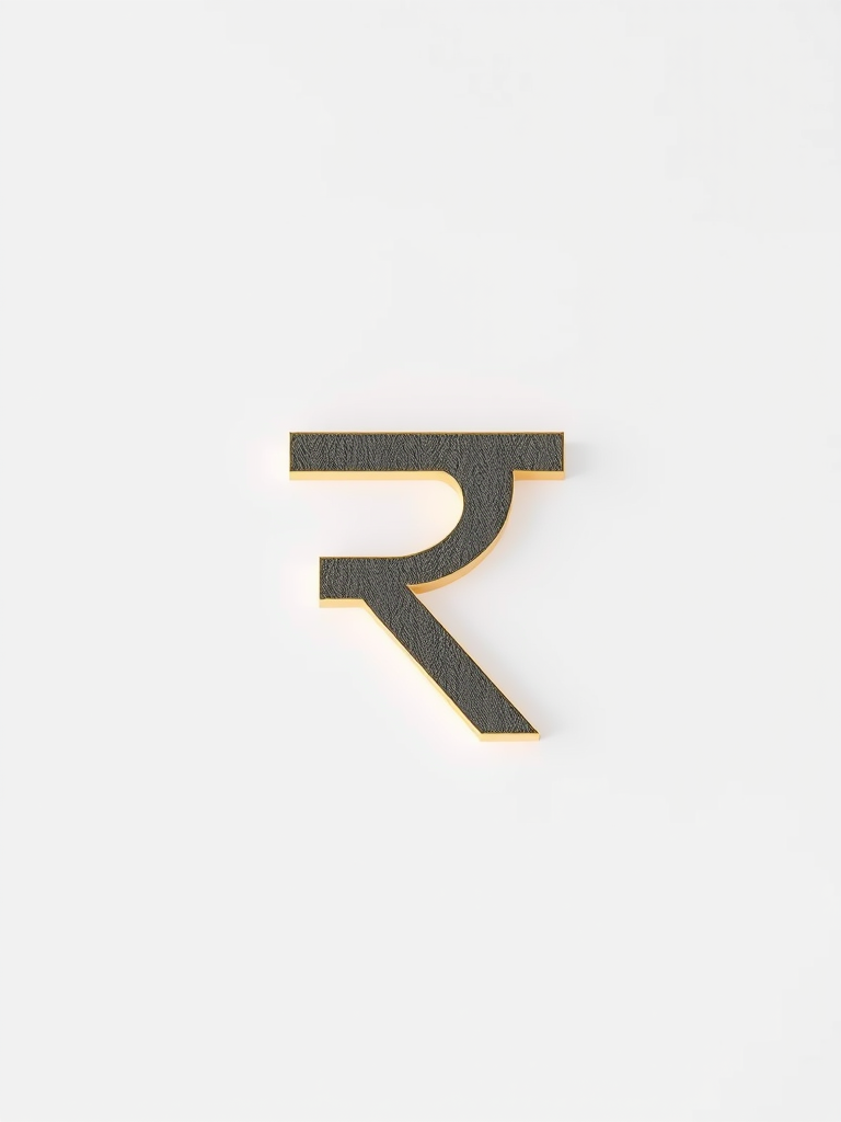 Create a high-resolution image of the Indian rupee symbol with a clean, minimalist background, using a DSLR camera at f/2.8 aperture, ISO 100, and a 50mm lens in portrait orientation, ensuring sharp focus and vibrant contrast.