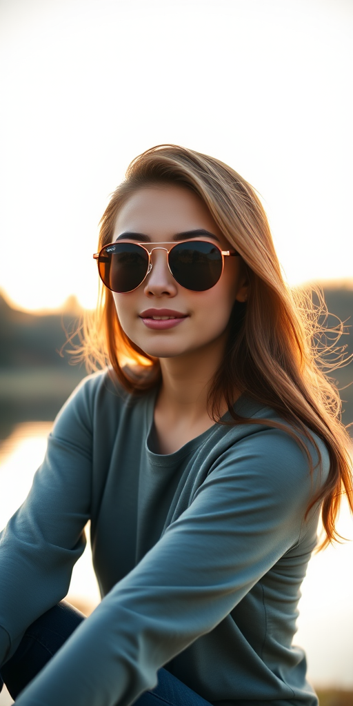 portrait of a young woman with sunglasses sitting by a serene lake in soft natural light, 50mm lens, f/1.8 aperture, ISO 200, shot at sunrise for warm tones, shallow depth of field, captured with a mirrorless camera for high resolution and clarity